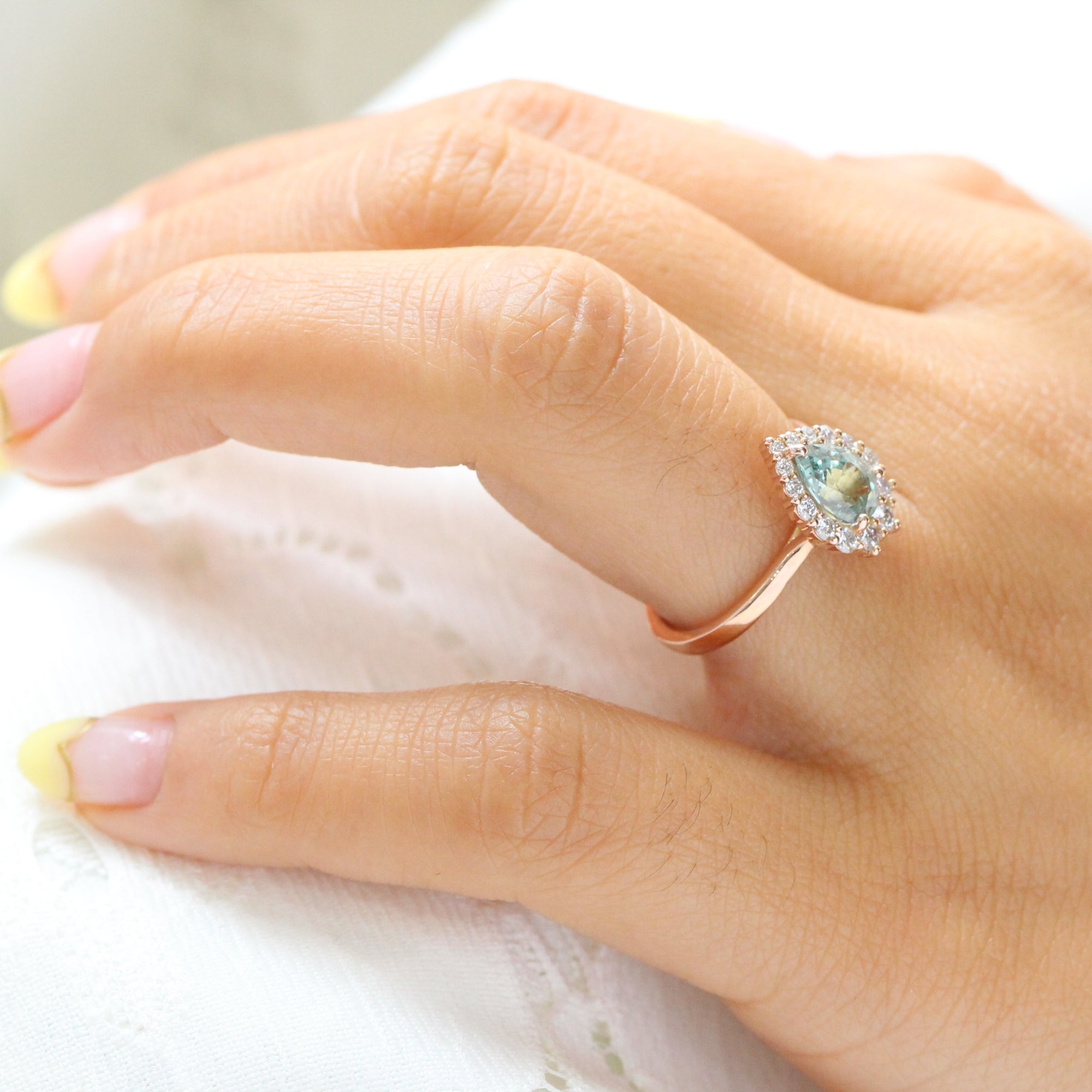 seafoam green sapphire ring rose gold halo diamond pear engagement ring la more design jewelry