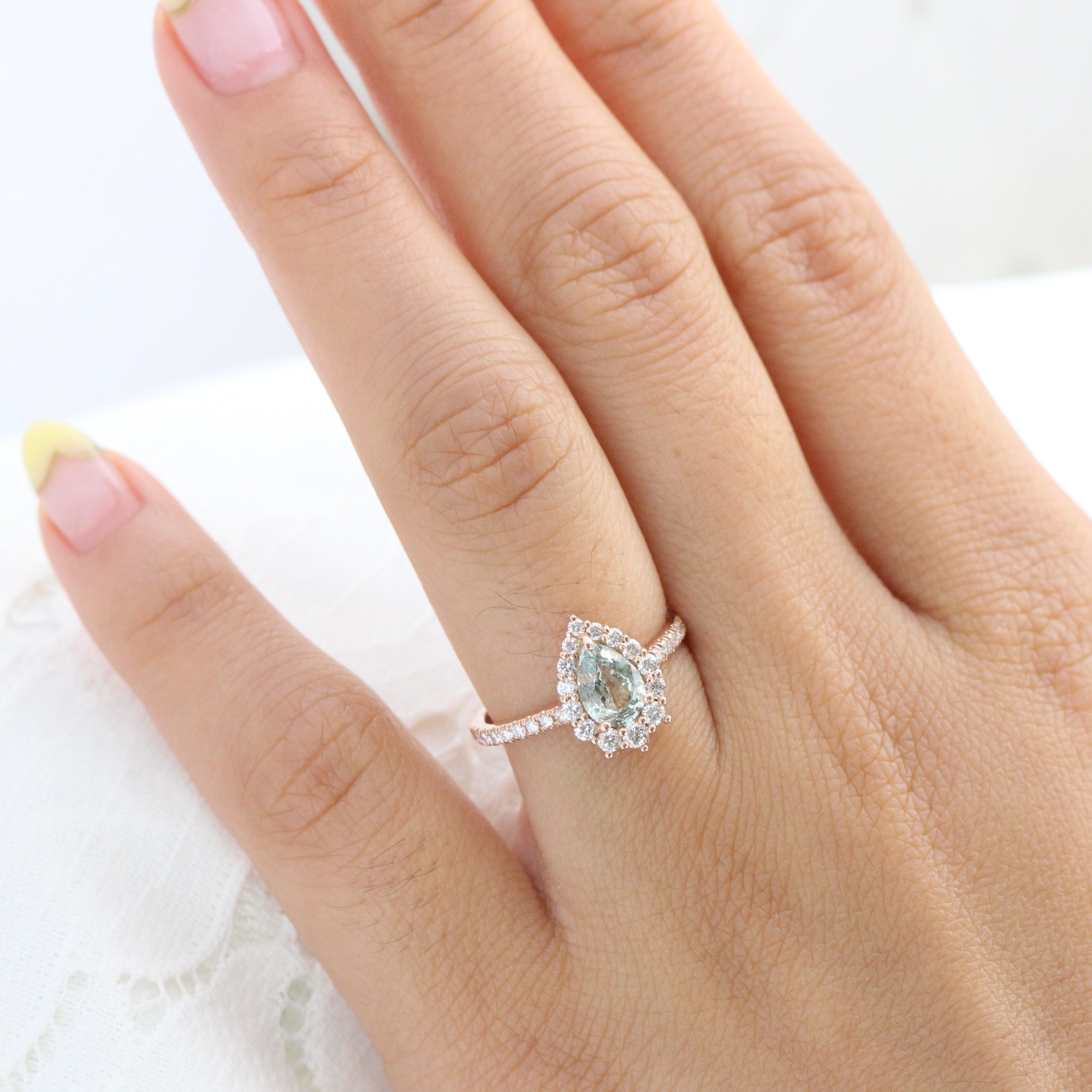 seafoam green sapphire ring rose gold halo diamond pear engagement ring la more design jewelry