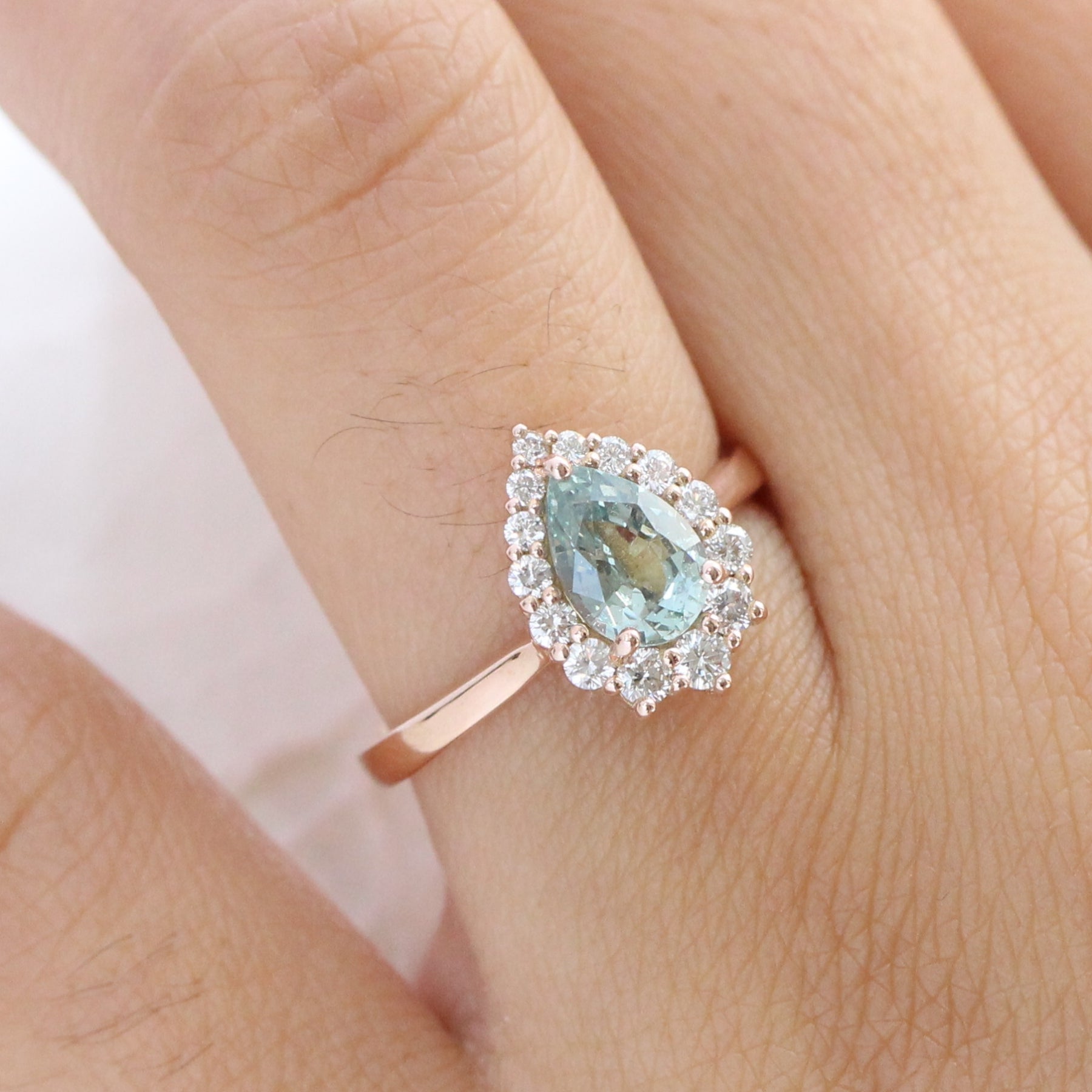 seafoam green sapphire ring rose gold halo diamond pear engagement ring la more design jewelry