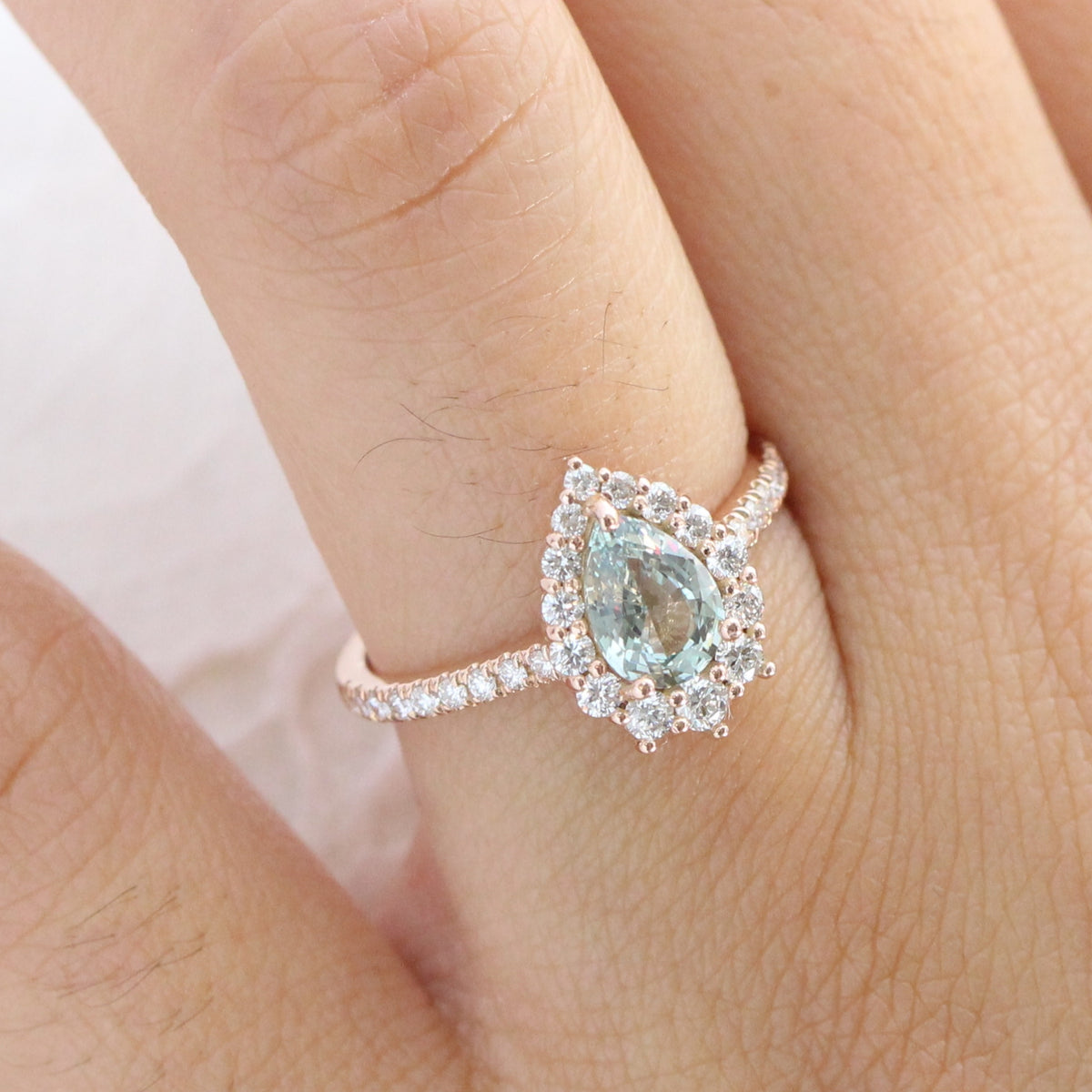 seafoam green sapphire ring rose gold halo diamond pear engagement ring la more design jewelry