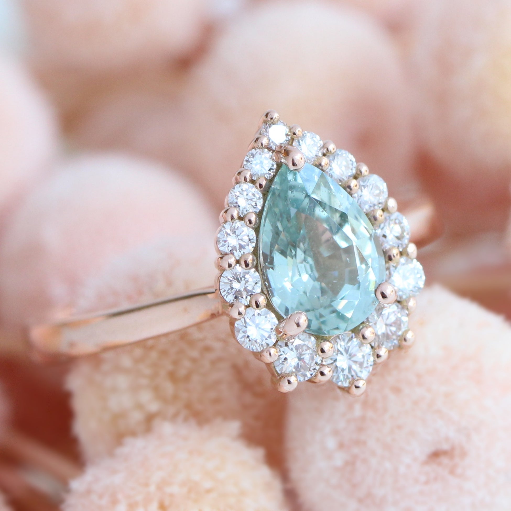 seafoam green sapphire ring rose gold halo diamond pear engagement ring la more design jewelry