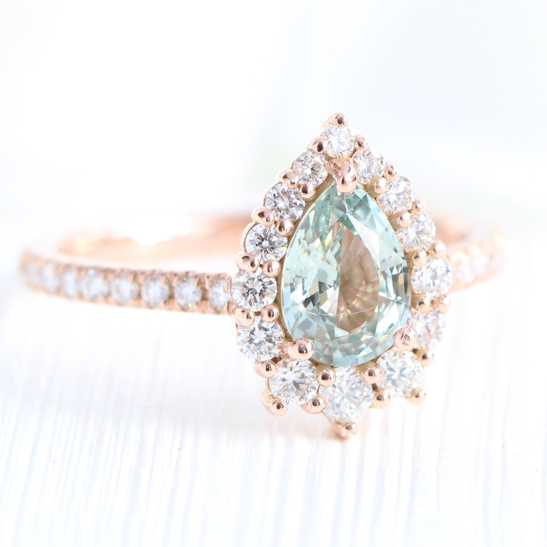 seafoam green sapphire ring rose gold halo diamond pear engagement ring la more design jewelry