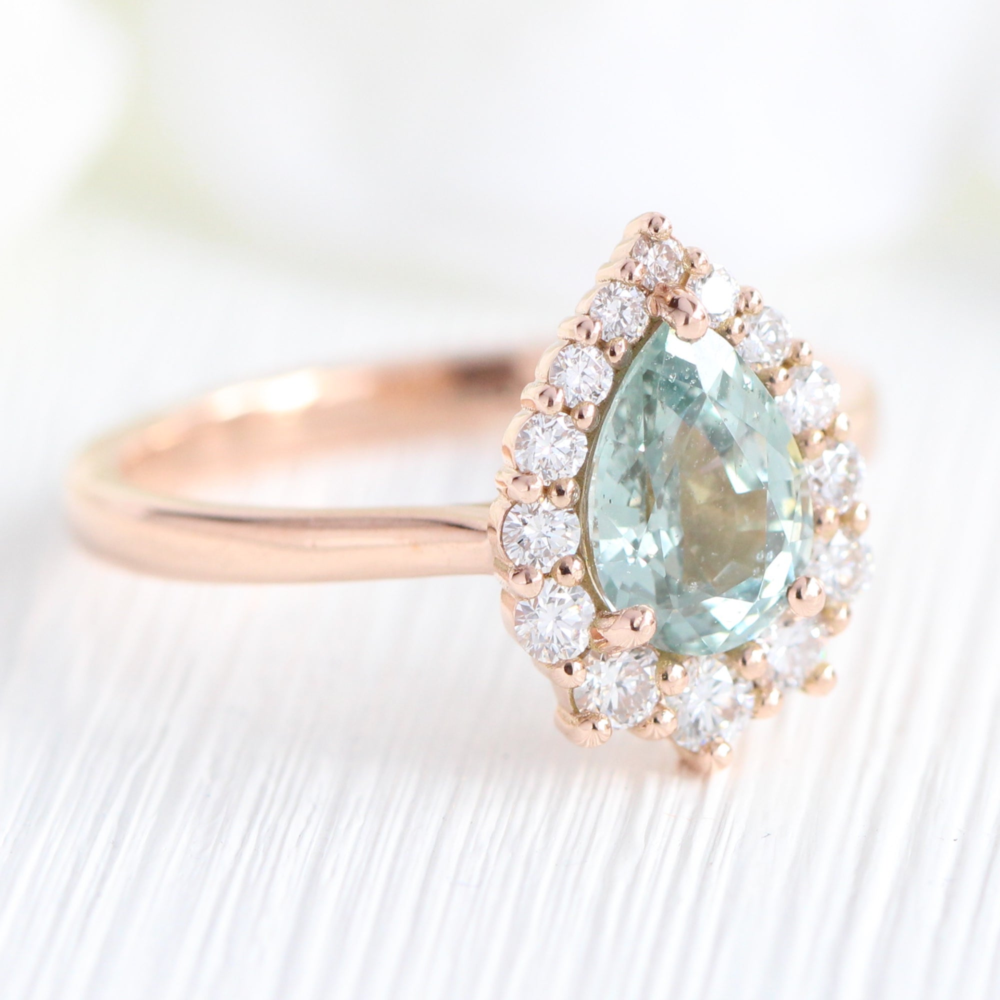 seafoam green sapphire ring rose gold halo diamond pear engagement ring la more design jewelry