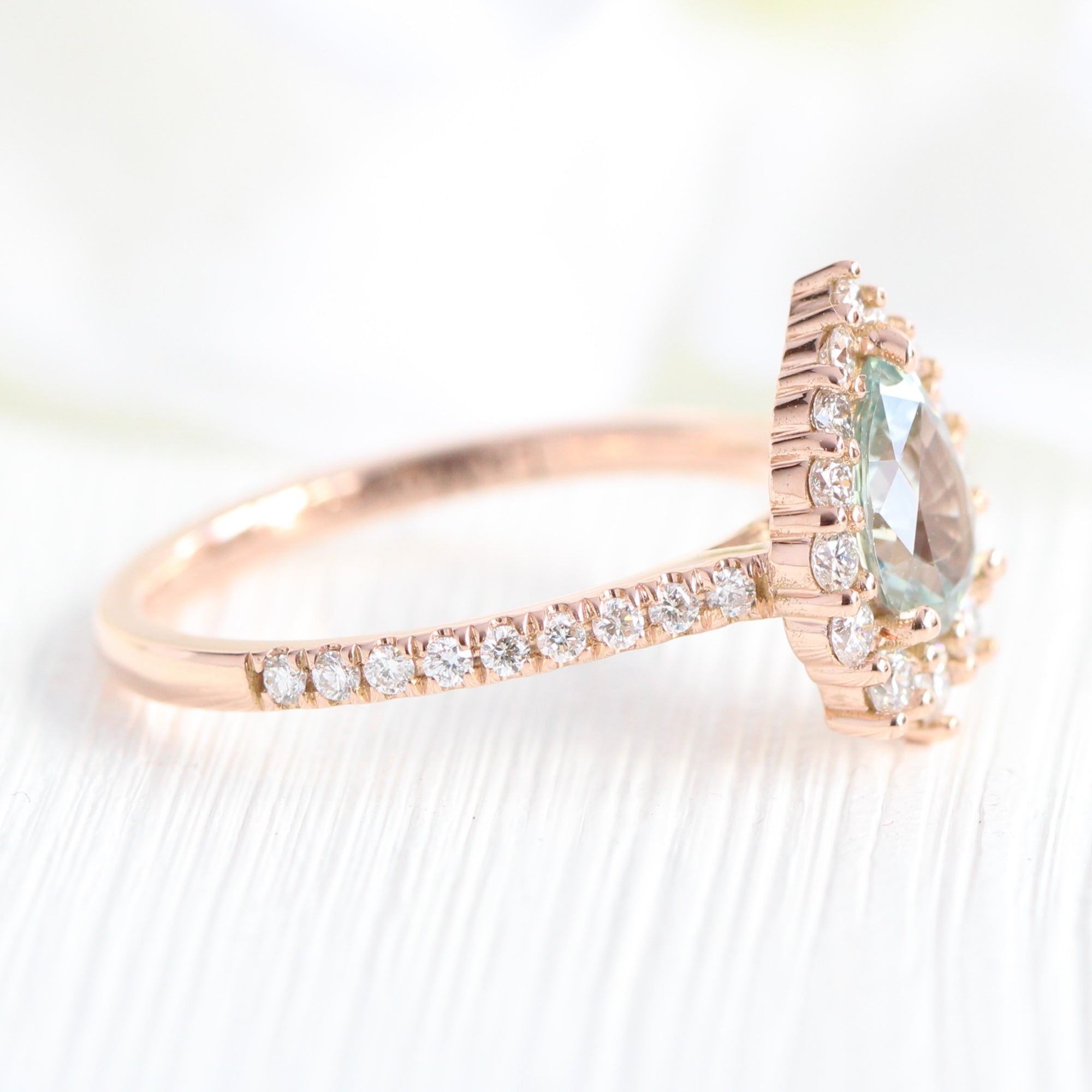 seafoam green sapphire ring rose gold halo diamond pear engagement ring la more design jewelry