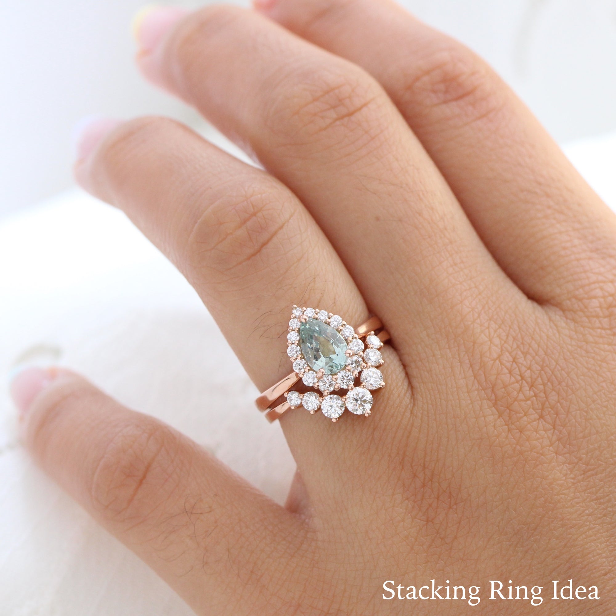 seafoam green sapphire ring rose gold halo diamond pear engagement ring la more design jewelry