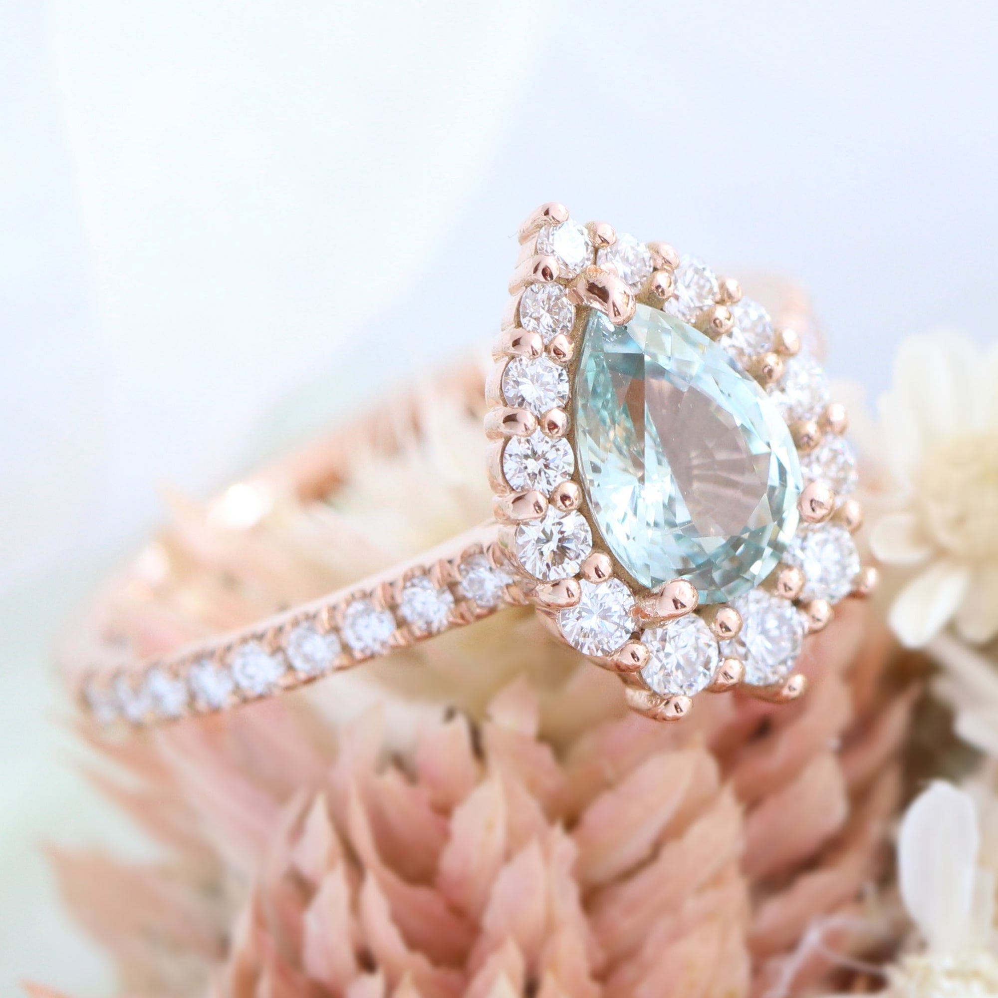 seafoam green sapphire ring rose gold halo diamond pear engagement ring la more design jewelry