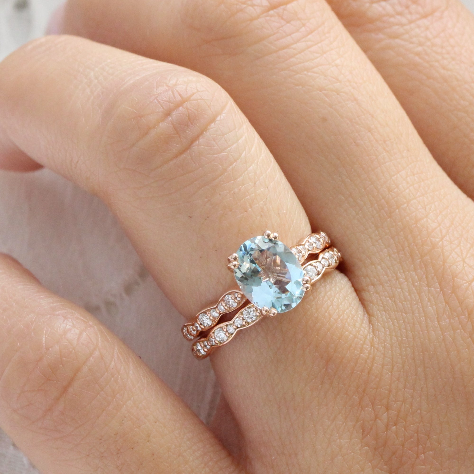 Oval Aquamarine Solitaire Ring in Rose Gold Scalloped Diamond Band ...