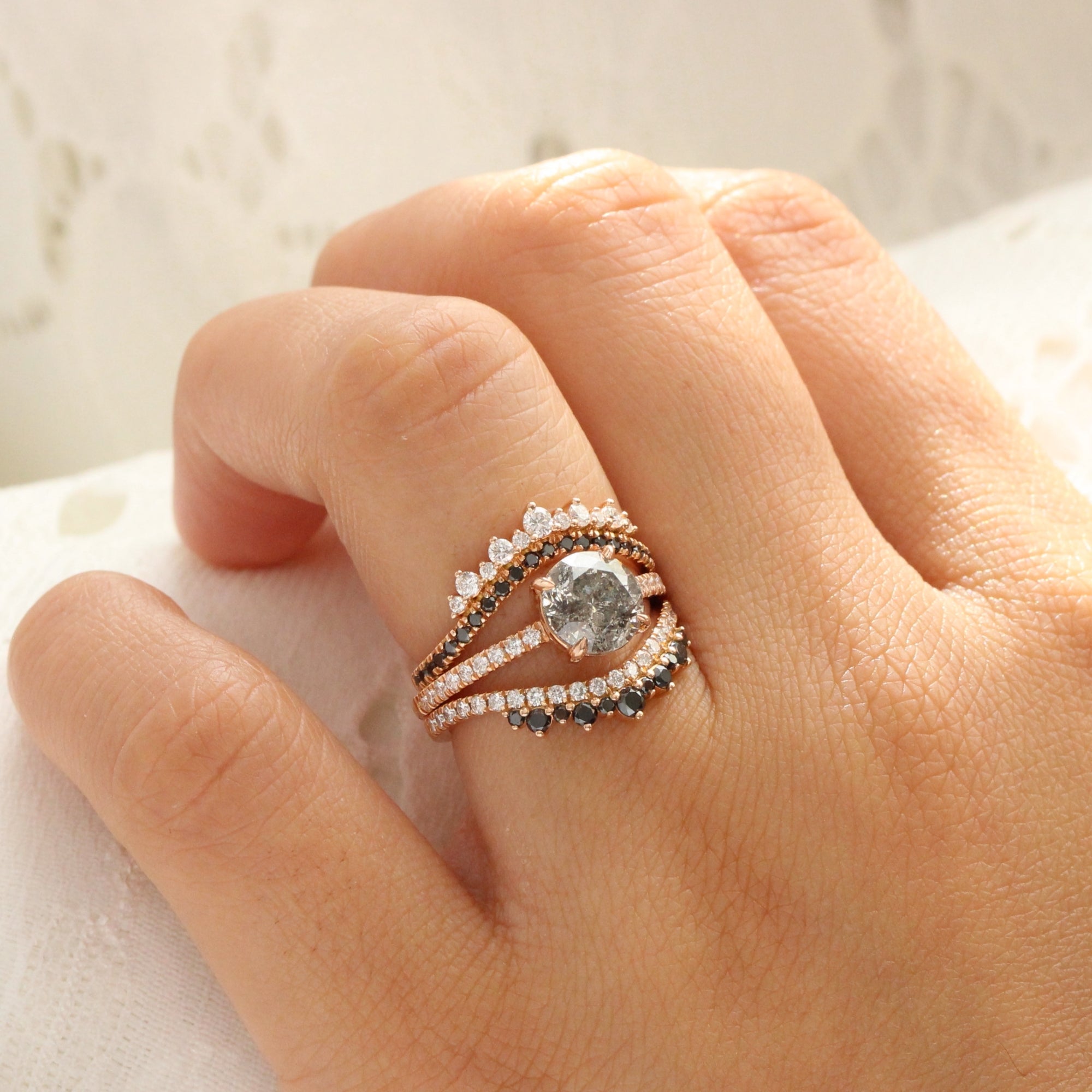 solitaire salt and pepper diamond ring rose gold low setting pave diamond engagement ring la more design jewelry