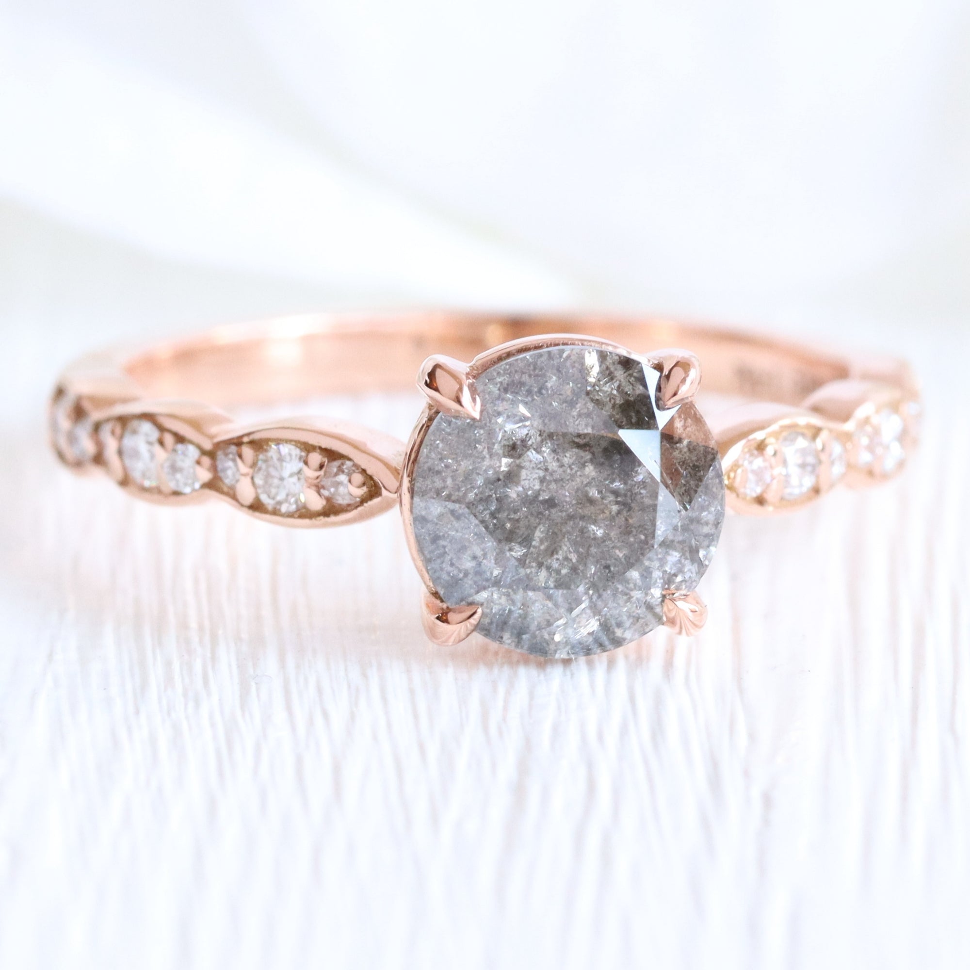 solitaire salt and pepper diamond ring rose gold low setting scalloped diamond engagement ring la more design jewelry