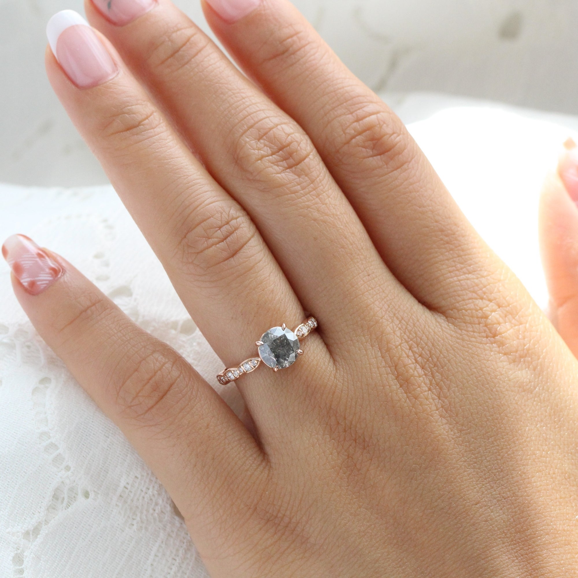 solitaire salt and pepper diamond ring rose gold low setting scalloped diamond engagement ring la more design jewelry