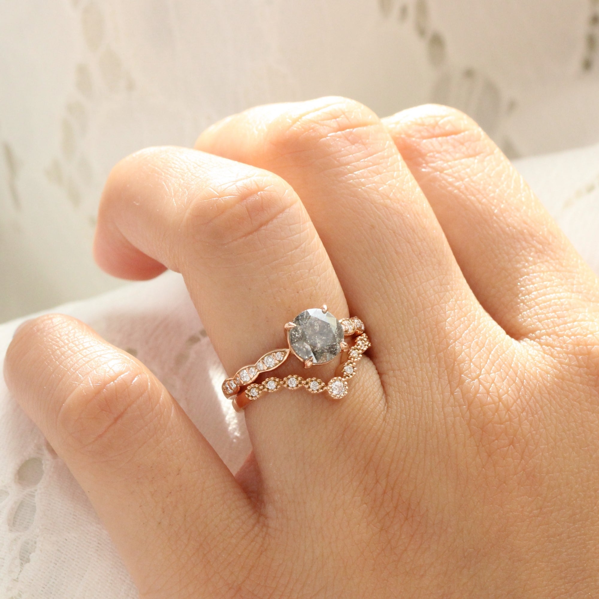 solitaire salt and pepper diamond ring rose gold low setting scalloped diamond engagement ring la more design jewelry