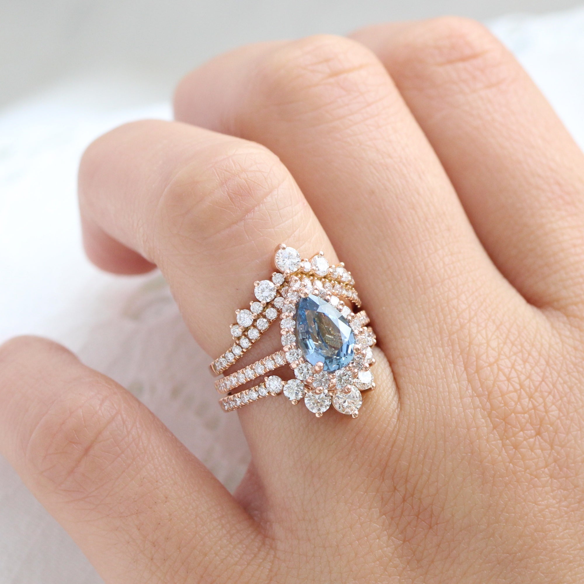 teal blue sapphire ring rose gold halo diamond pear engagement ring la more design jewelry