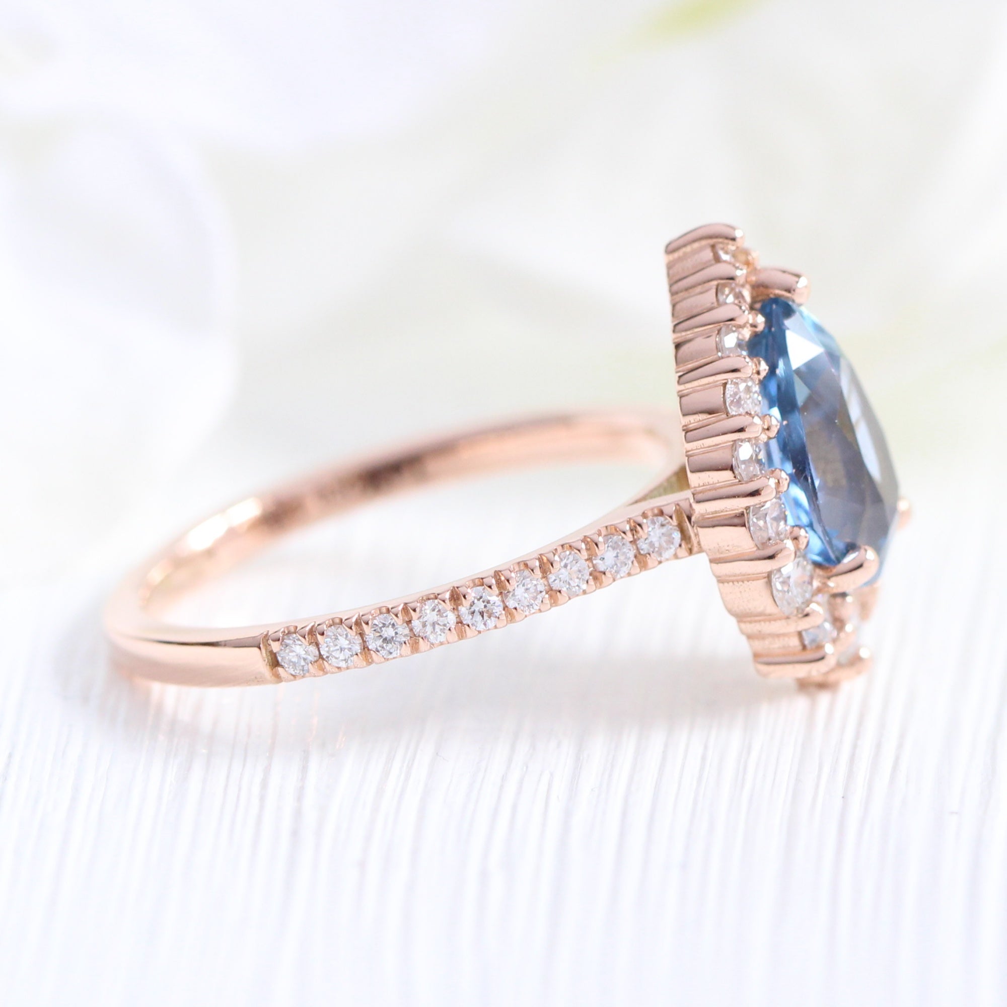 teal blue sapphire ring rose gold halo diamond pear engagement ring la more design jewelry