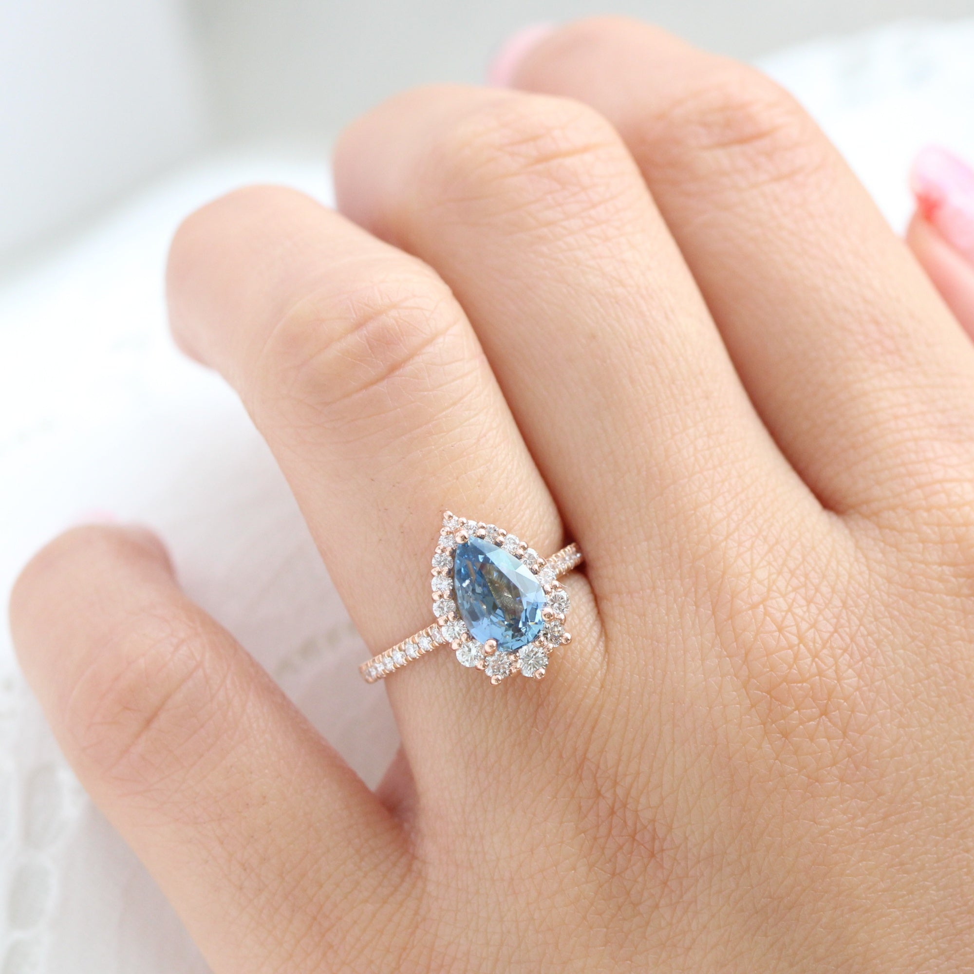 teal blue sapphire ring rose gold halo diamond pear engagement ring la more design jewelry