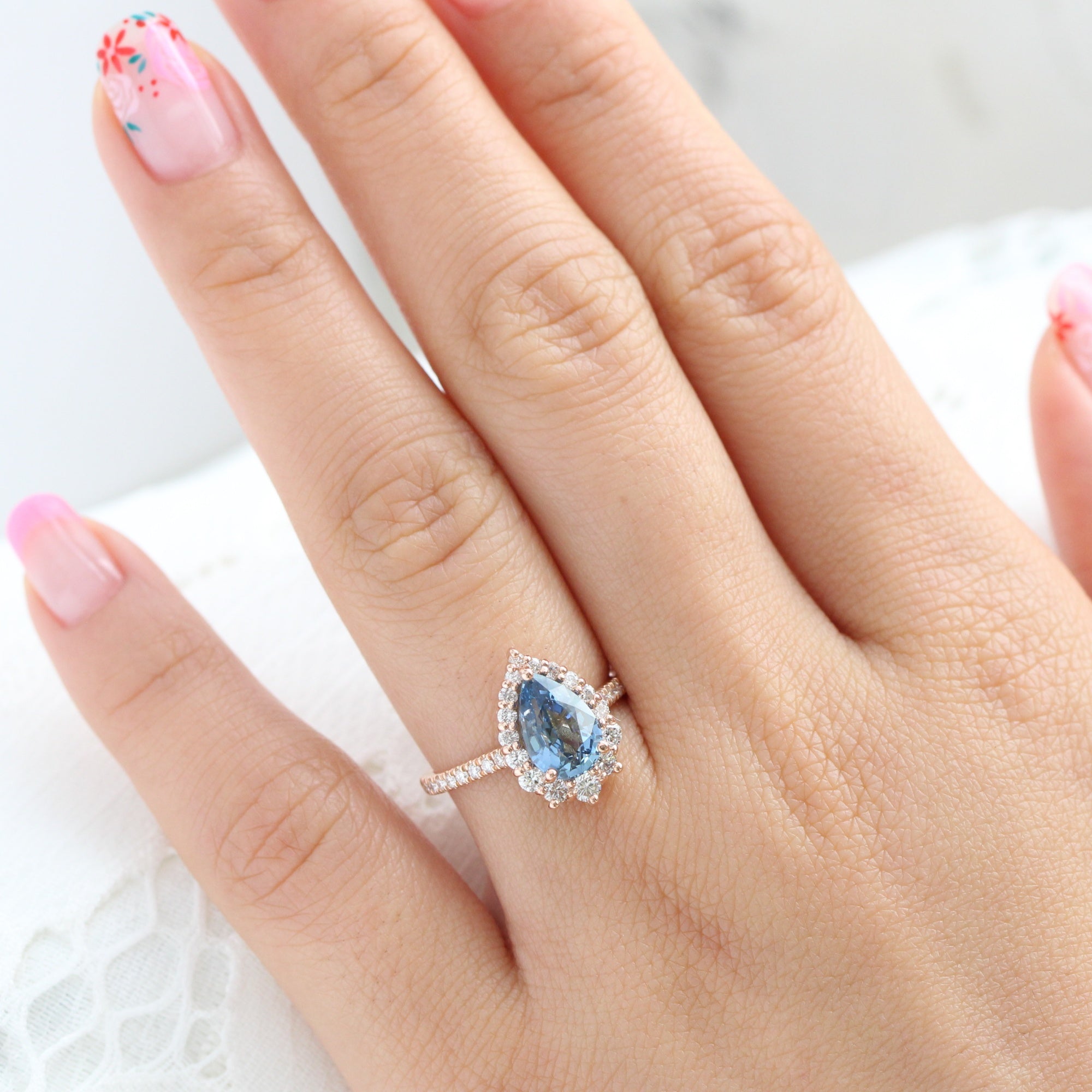 teal blue sapphire ring rose gold halo diamond pear engagement ring la more design jewelry