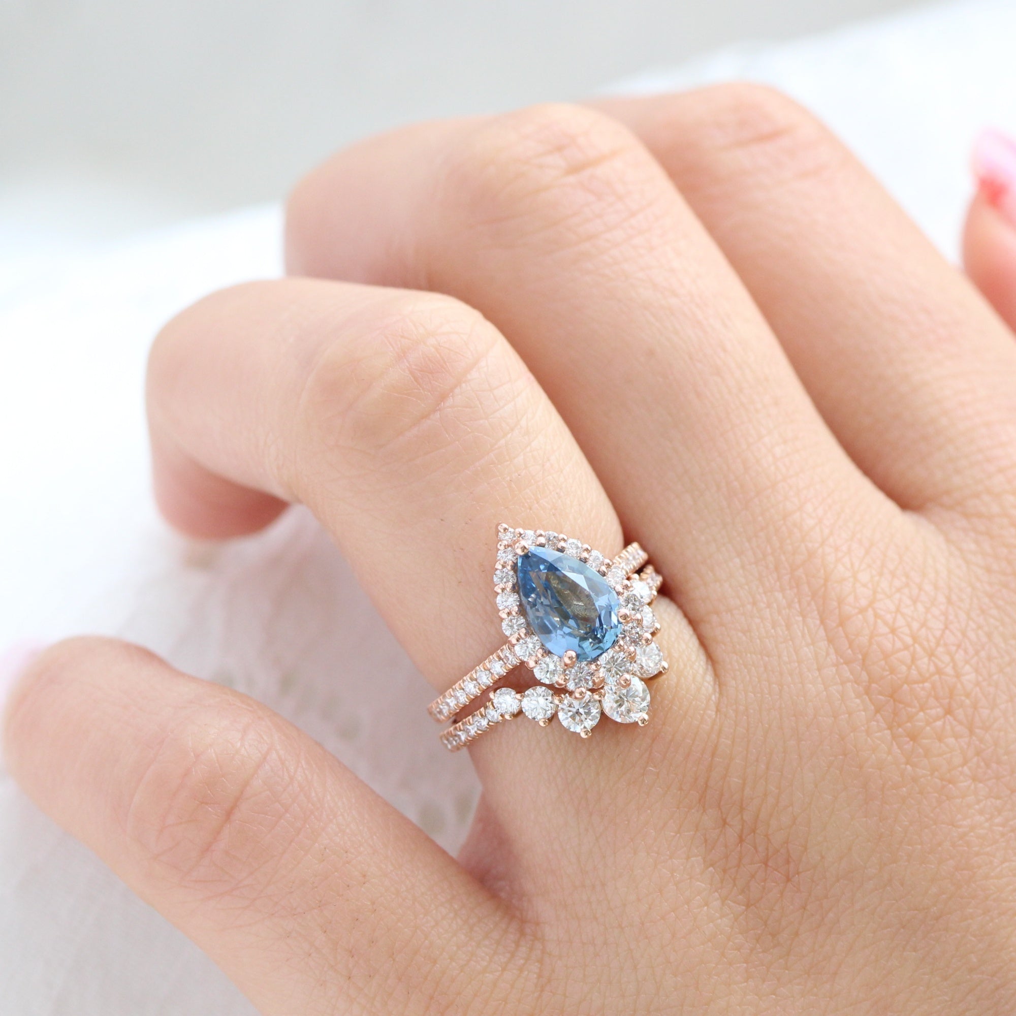 teal blue sapphire ring rose gold halo diamond pear engagement ring la more design jewelry