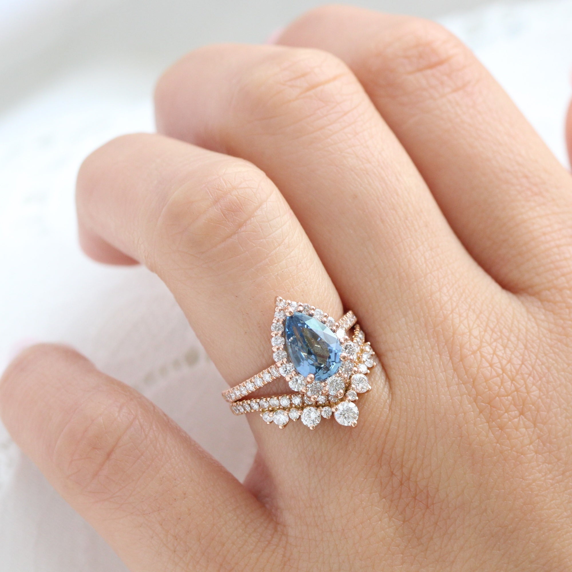 teal blue sapphire ring rose gold halo diamond pear engagement ring la more design jewelry