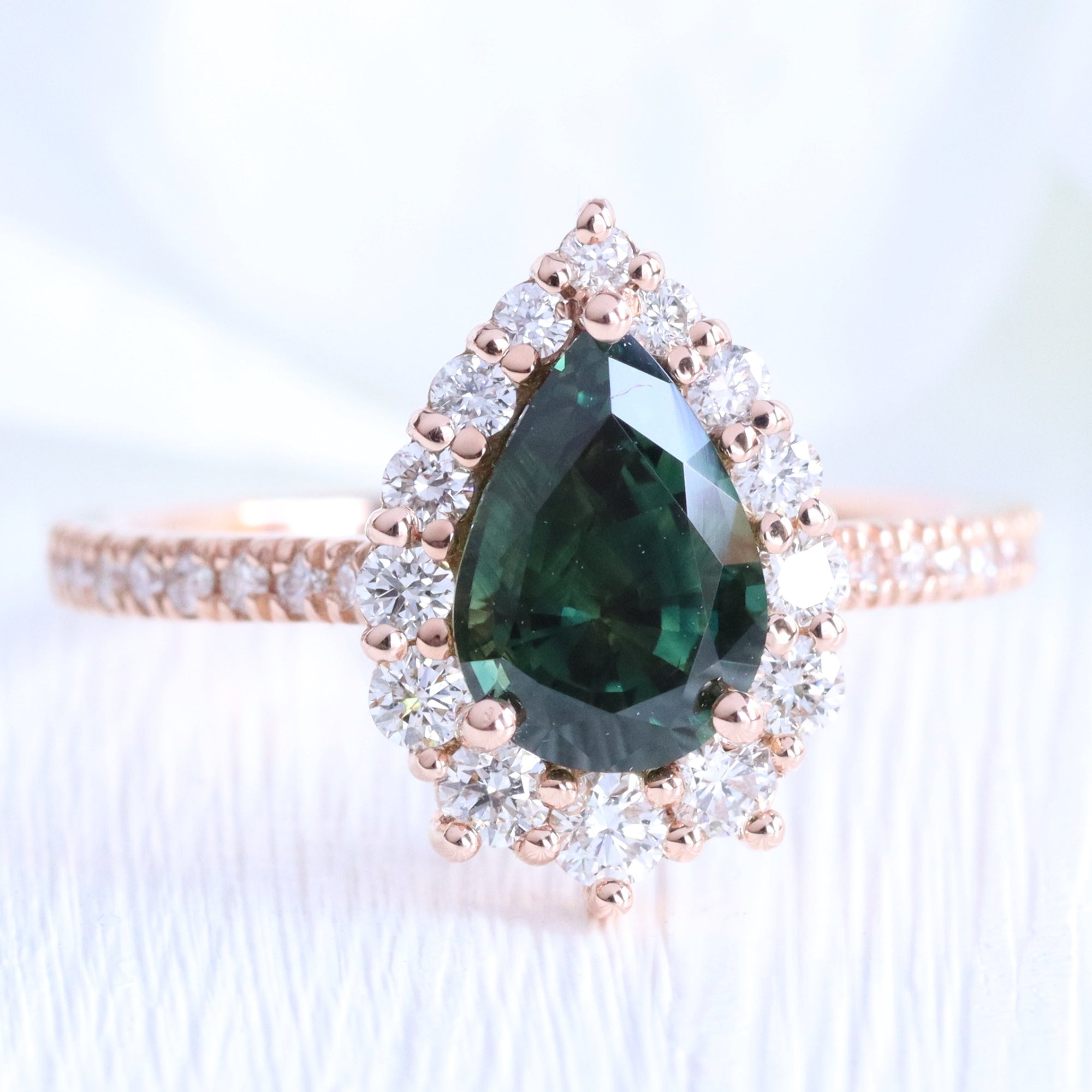 teal green sapphire engagement ring halo diamond pear engagement ring la more design jewelry