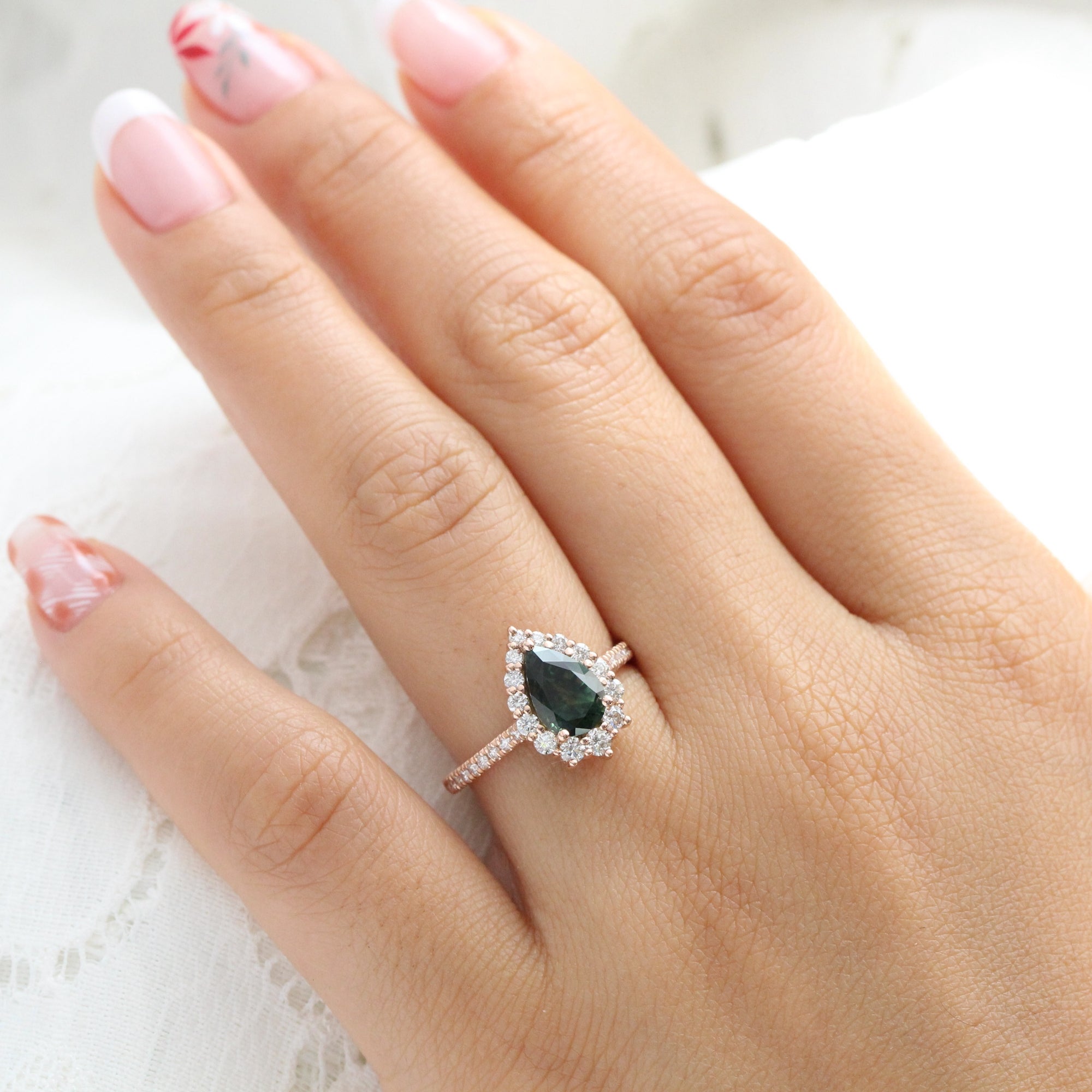 teal green sapphire engagement ring halo diamond pear engagement ring la more design jewelry